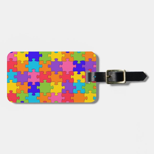 Colourful Jigsaw Puzzle Pieces Happy Puzzler Luggage Tag (Front Horizontal)