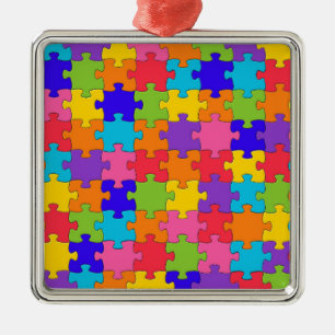 Colourful Jigsaw Puzzle Pieces Happy Puzzler Metal Ornament