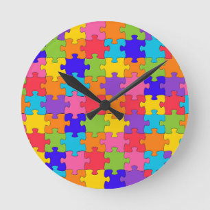 Colourful Jigsaw Puzzle Pieces Happy Puzzler Round Clock