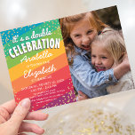 Colourful Joint Sibling Photo Birthday Party Invitation<br><div class="desc">Colourful joint birthday invitations featuring a bright rainbow coloured background,  a scattering of party gold confetti,  a photo of your own,  and a modern dual party template that is easy to personalize.</div>