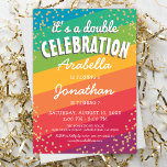 Colourful Joint Twin Birthday Party Invitation<br><div class="desc">Colourful joint birthday invitations featuring a bright rainbow coloured background,  a scattering of party gold confetti,  and a modern twin party template that is easy to personalize.</div>