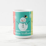Colourful Jolly Snowman Christmas Winter Scenery Coffee Mug<br><div class="desc">Celebrate the magical and festive holiday season with our custom holiday mugs. Our modern and whimsical holiday design features our own hand drawn Frosty the snow man and snowflakes. A fun whimsical snowman scenery is displayed around the mug, with bold red, teal and green backgrounds adds a fun, colourful and...</div>