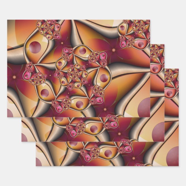 Colourful Joy Abstract Red Orange Fantasy Fractal Wrapping Paper Sheet (Set)