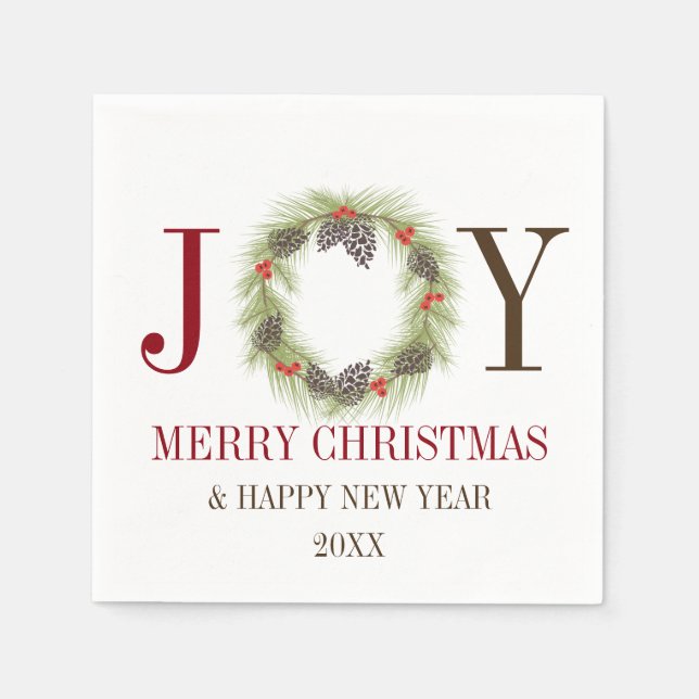 Colourful JOY Wreath Personalized Holiday Napkins (Front)