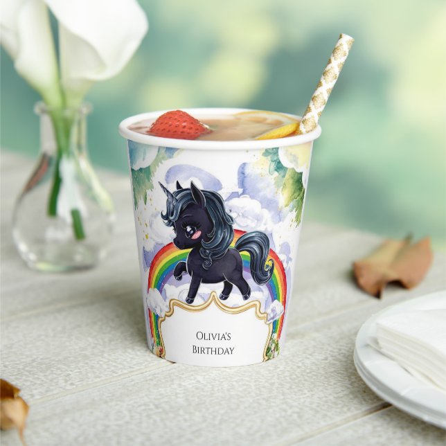 Colourful Joyful Black Unicorn Birthday Paper Cups (Insitu)