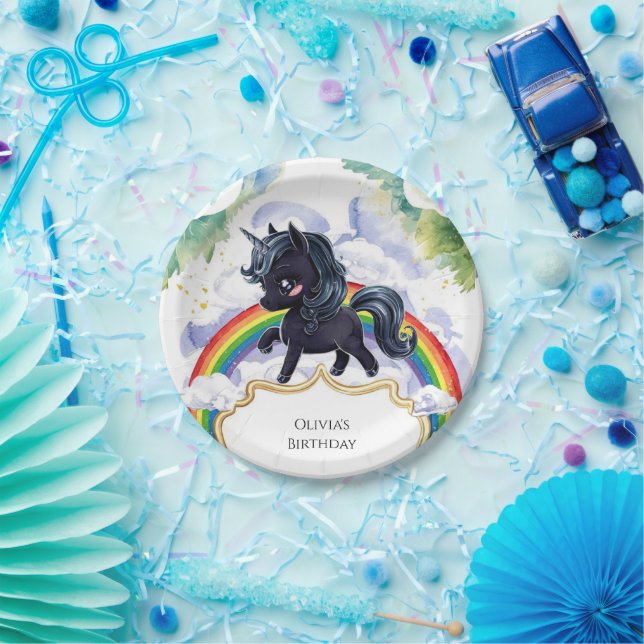 Colourful Joyful Black Unicorn Birthday Paper Plate (Party)
