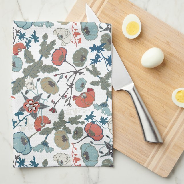 Colourful Joyful Blue Orange Green Floral Kitchen Towel (Quarter Fold)