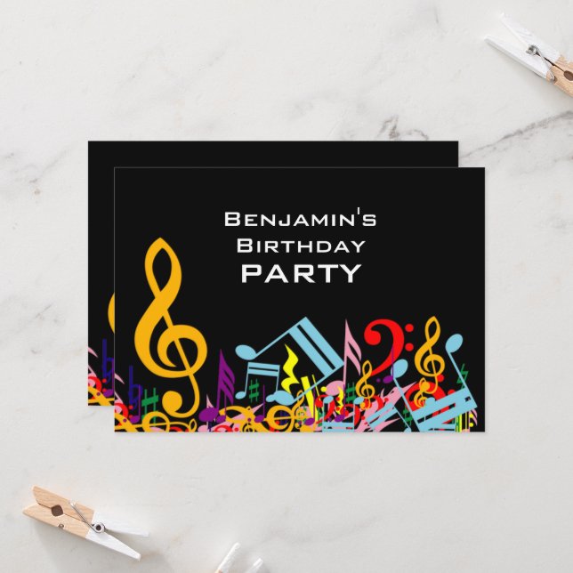 Colourful Jumbled Music Notes Birthday Party Invitation (Front/Back In Situ)