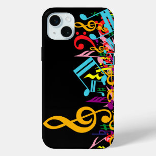 Colourful Jumbled Music Notes on Black iPhone 15 Mini Case