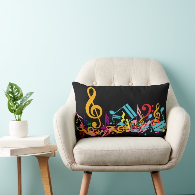 Colourful Jumbled Music Notes on Black Lumbar Pillow (Chair)