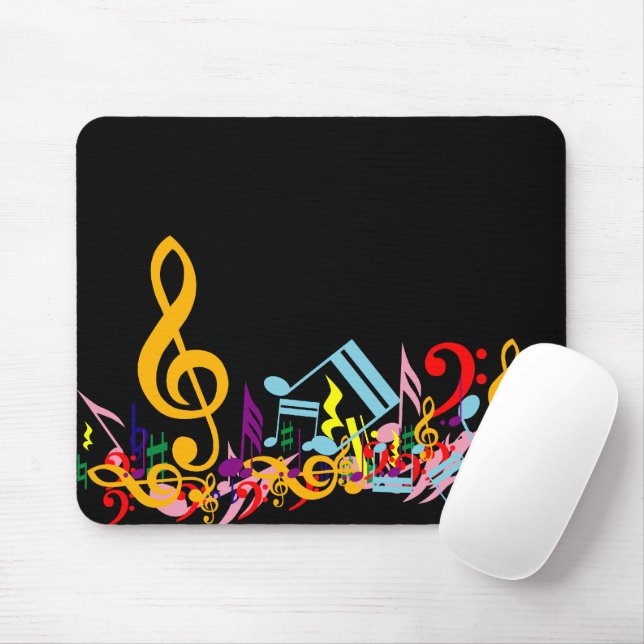 Colourful Jumbled Music Notes on Black Mouse Pad (With Mouse)