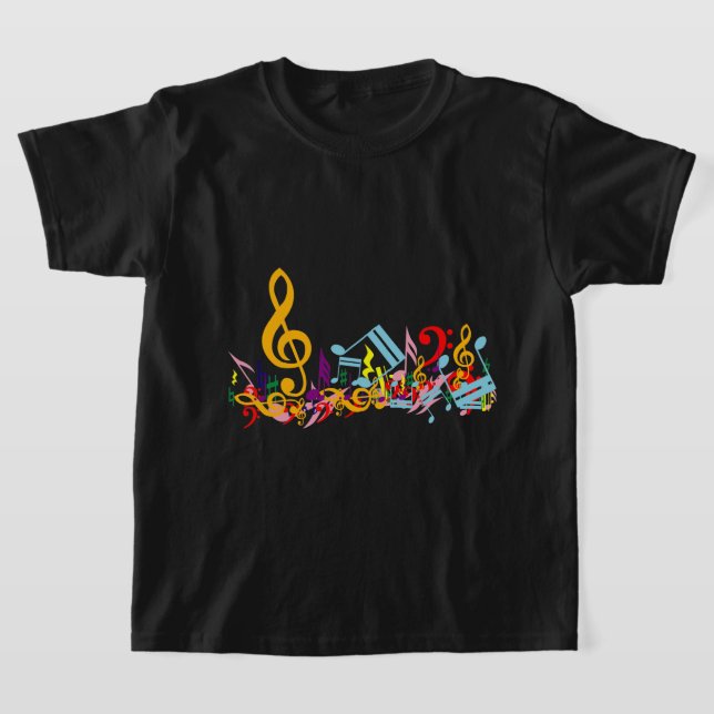 Colourful Jumbled Music Notes on Black T-Shirt (Laydown)
