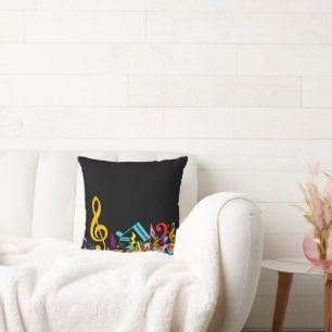 Colourful Jumbled Music Notes on Black Throw Pillow