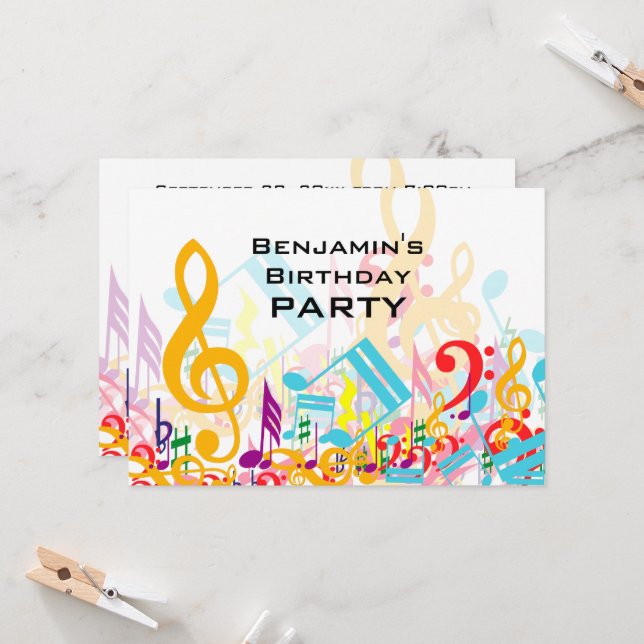 Colourful Jumbled Music Notes V2 Birthday Party Invitation (Front/Back In Situ)