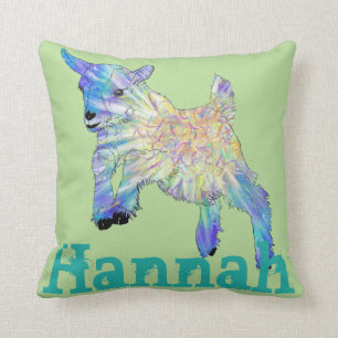 Colourful jumping baby Goat on Personalised Name Throw Pillow