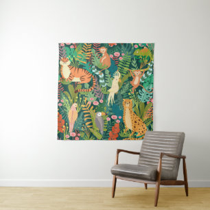 Colourful jungle and cute Cheetah l Greenery Tapestry