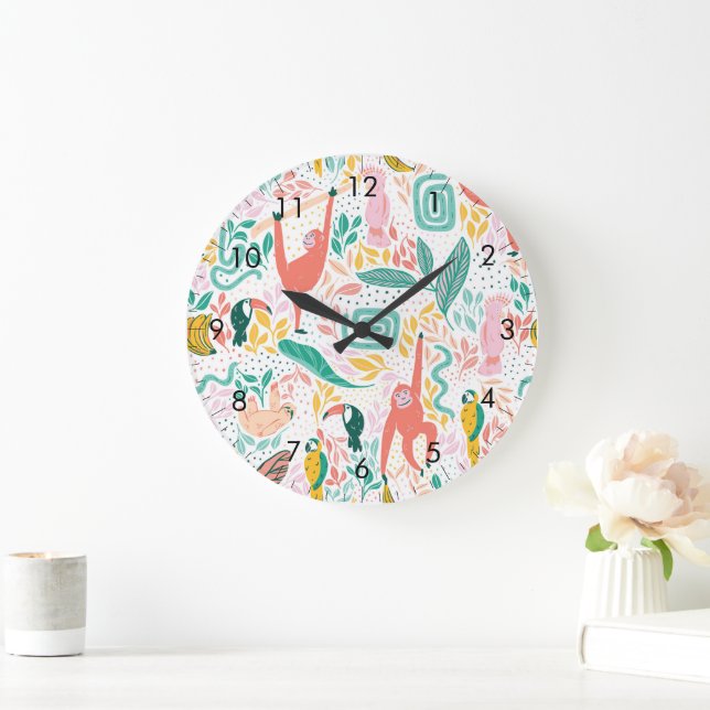 Colourful Jungle Animals Tropical Leaves Large Clock (Home)