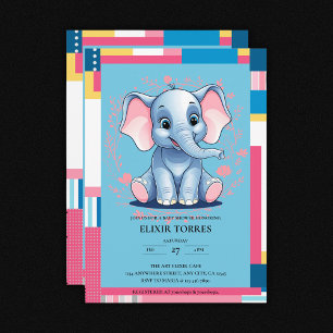 Colourful Jungle Blue Elephant Baby Shower Invitation