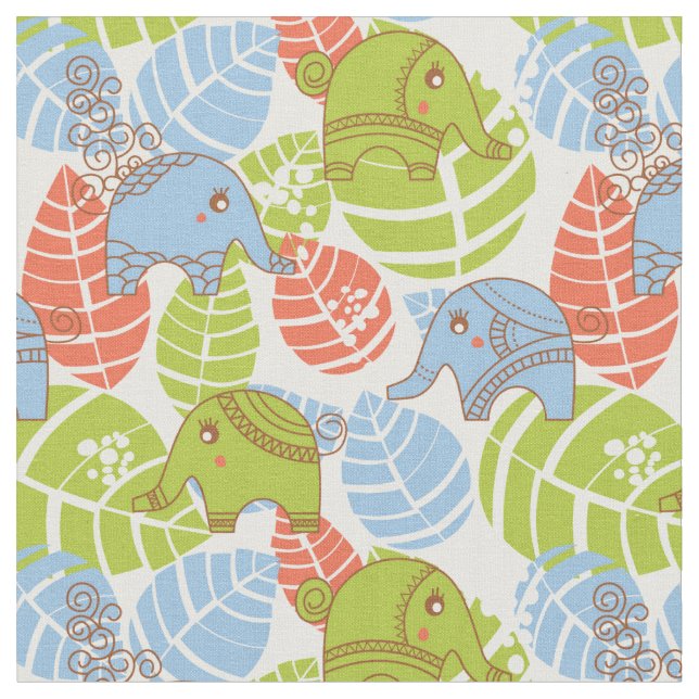 Colourful Jungle Elephants Fabric (Close Up)
