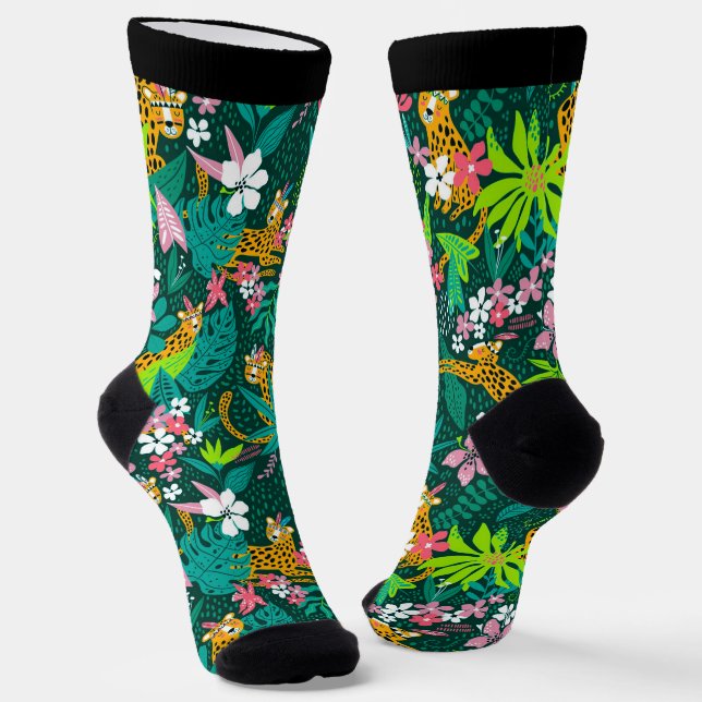 Colourful Jungle Flowers and Animals Pattern Socks (Angled)