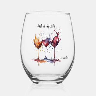 Colourful Just a Splash of Wine Watercolor Name Stemless Wine Glass