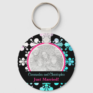 Colourful just married pattern photo keychain