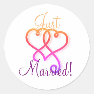 Colourful Just Married Rainbow Linked Swirly Heart Classic Round Sticker