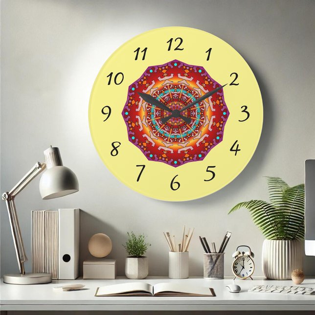 Colourful Kaleidoscope Clock in Reds on Yellow (Creator Uploaded)