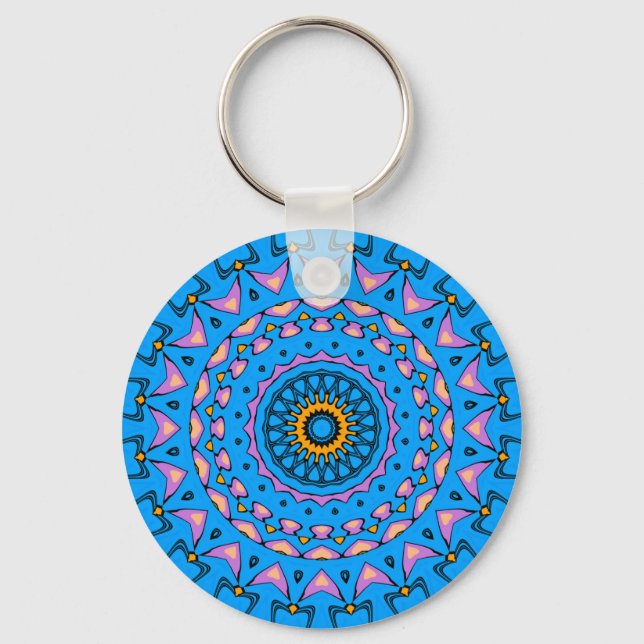 colourful kaleidoscope mandala in blue pink orange keychain (Front)