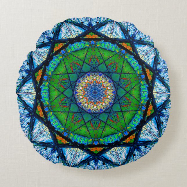 Colourful Kaleidoscopic Mosaic | Abstract Mandala Round Pillow (Front)