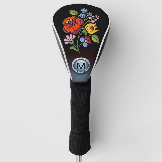 Colourful Kalocsa Hungarian Folk Art with Monogram Golf Head Cover (Front)