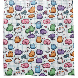 Colourful Kawaii Chubby Cats Pattern on Graph Pape