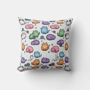 Colourful Kawaii Chubby Cats Pattern on Graph Pape Throw Pillow