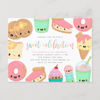 Colourful Kawaii Sweet Elements Kids' Birthday Invitation Postcard