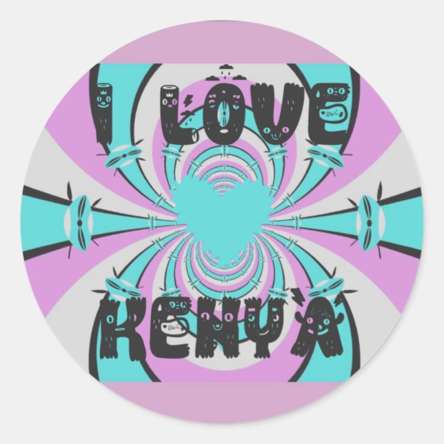 Colourful Kenya Love: Purple Cyan White Funny Classic Round Sticker (Front)