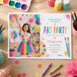 Colourful Kids Art Party 6th Birthday Painting Invitation