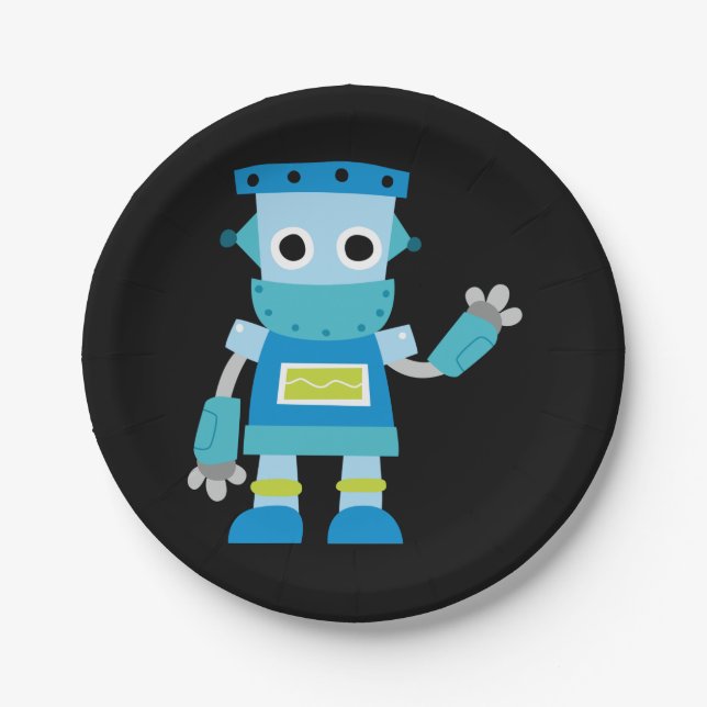 Colourful Kids Blue Robot Paper Plate (Front)