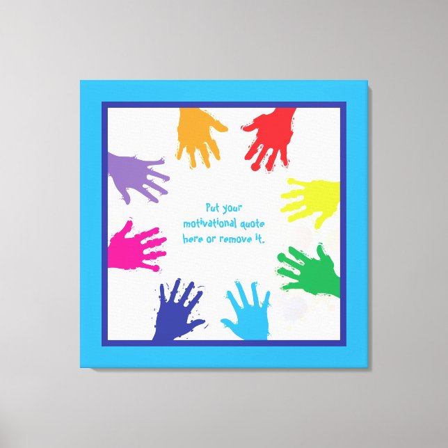 Colourful kids handprints with blue borders canvas print (Front)