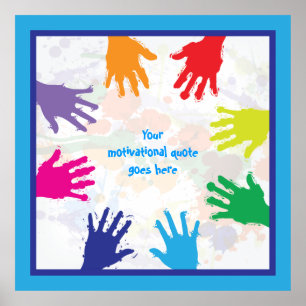 Colourful kids handprints with blue borders poster