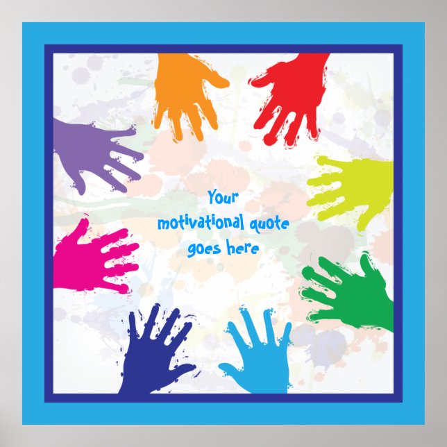 Colourful kids handprints with blue borders poster (Front)