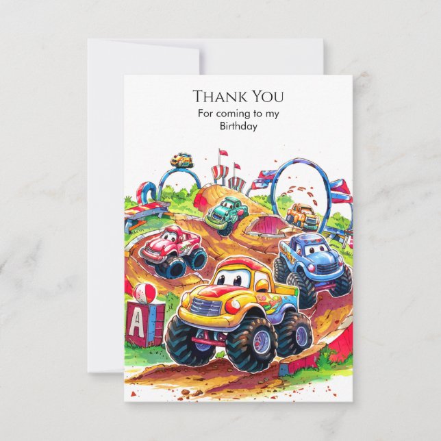 Colourful Kids' Monster Truck Birthday Thank You Card (Front)