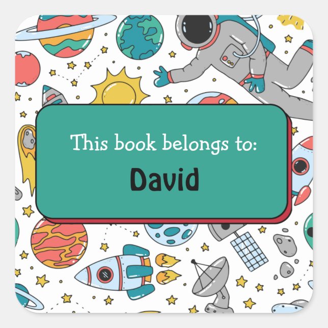 Colourful kids Outer Space Pattern Personalized Square Sticker (Front)