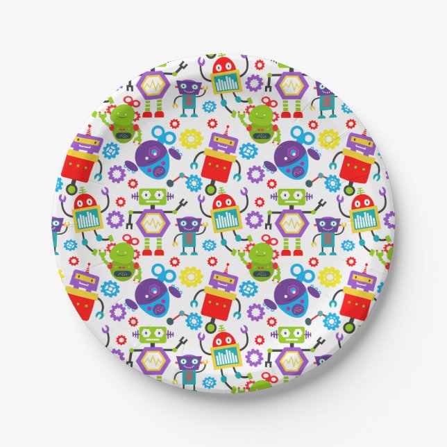 Colourful Kids Robot Paper Plate (Front)
