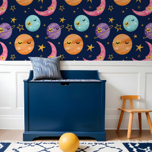 Colourful Kids Watercolor Space Planets Star & Moo Wallpaper