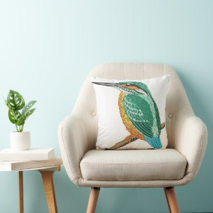 Colourful Kingfisher Bird Embroidery Design Throw Pillow