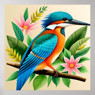 Colourful Kingfisher Bird Perched on Branch Poster