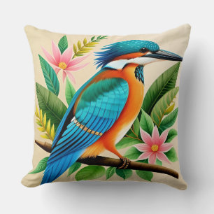 Colourful Kingfisher Bird Perched on Branch Throw Pillow