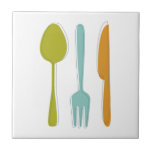 Colourful Kitchen Utensils Fork Knife Spoon Retro Tile<br><div class="desc">This retro ceramic tile,  with it's kitchen utensils (fork,  knife and spoon) in a combination of turquoise blue,  avocado green,  orange,  and dark blue,  will look fabulous in your backsplash or on your countertop.</div>