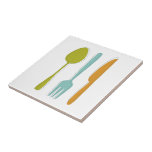 Colourful Kitchen Utensils Fork Knife Spoon Retro Tile<br><div class="desc">This retro ceramic tile,  with it's kitchen utensils (fork,  knife and spoon) in a combination of turquoise blue,  avocado green,  orange,  and dark blue,  will look fabulous in your backsplash or on your countertop.</div>