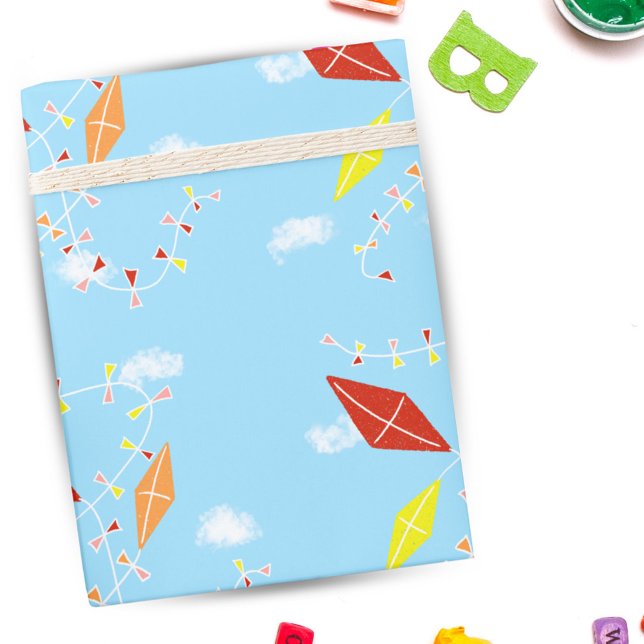 Colourful Kites in the Sky Blue Pattern Kids  Wrapping Paper (Creator Uploaded)